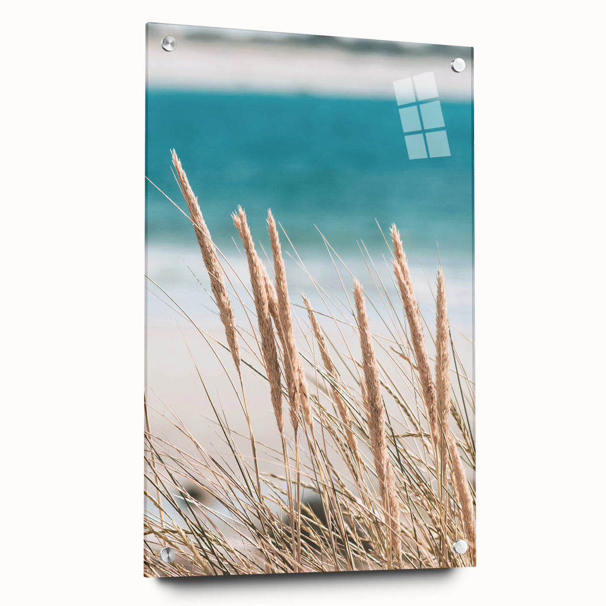 Large abstract wall art on acrylic glass depicting vibrant summer hues, ideal for bedroom or dining room decor.