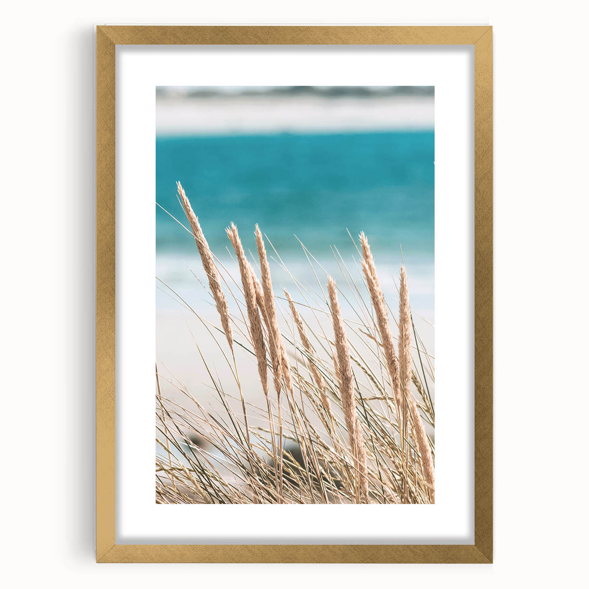 Extra large abstract art print in vibrant orange and yellow, framed in gold, ideal for living room decor.