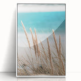 Art deco poster of a summer scene in pastel shades on white framed acrylic, ideal for nursery wall art.