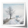 Winter landscape with snow-covered trees in muted white and blue tones on a large glossy photo print.