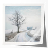 Winter landscape with snow-covered trees in muted white and blue tones on a large glossy photo print.