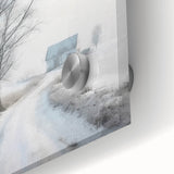 Winter scene in muted blue and white tones on acrylic glass, suitable for bedroom or dining room art.