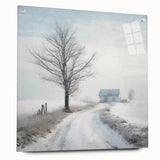 Winter-themed acrylic print showcasing muted blue and white tones, ideal for dining room decor.