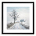 Abstract art print depicting a winter scene in vibrant blue and white hues on a large, framed canvas.