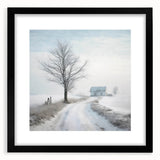 Abstract art print depicting a winter scene in vibrant blue and white hues on a large, framed canvas.
