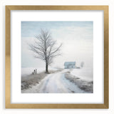 Extra large abstract art print depicting a textured winter scene in muted blue and white tones, framed in gold.