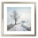 Winter-themed textured art on a silver-framed canvas with abstract white and gray patterns, suitable for bedroom decor.
