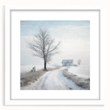 Abstract art print of a winter scene in muted blue and white tones, framed with a white mat, ideal for dining room decor.