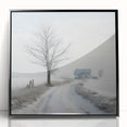 Large abstract wall art depicting a winter scene in muted gray and blue tones, framed in black acrylic.