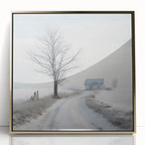 Winter scene in muted blue and gray tones on gold-framed acrylic, ideal for modern nursery wall art.