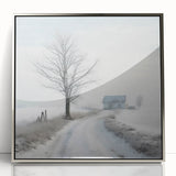 Winter-themed mid-century modernist art on a silver-framed acrylic, featuring cool hues and delicate snowflake designs.