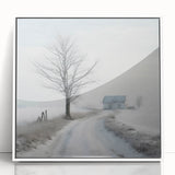 Framed acrylic print of a winter scene in art deco style, featuring cool blue and white tones, ideal for nursery wall art.