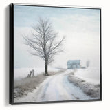Winter landscape painting in black and white on framed canvas, suitable for bedroom decor.