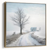 Winter landscape art painting on framed canvas, featuring muted silver and gold tones, ideal for bedroom wall decor.