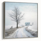 Winter landscape art painting on framed canvas, featuring muted blue and silver tones, ideal for living room decor.