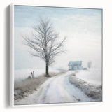 Framed canvas vintage poster art depicting a winter scene in muted blue and white tones, suitable for living room decor.
