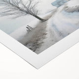 Art deco poster featuring a serene winter scene with muted blue and white tones on rolled canvas.