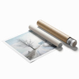 Winter floral art in muted white and gray tones on rolled canvas, suitable for classy bathroom wall art.