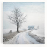 Winter landscape with bare trees in black and white on large stretched canvas, suitable for kitchen wall art.