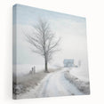 Winter scene with snow-covered trees on stretched canvas, in subdued white and blue tones, suitable for kitchen wall art.