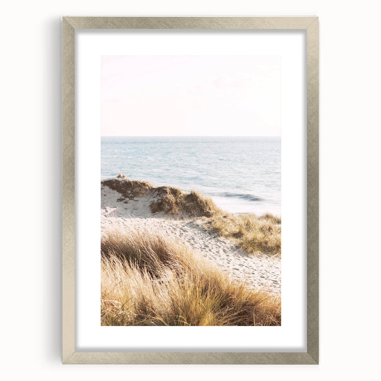 Textured abstract art print in muted blue and gray tones on a silver-framed canvas, suitable for bedroom wall decor.