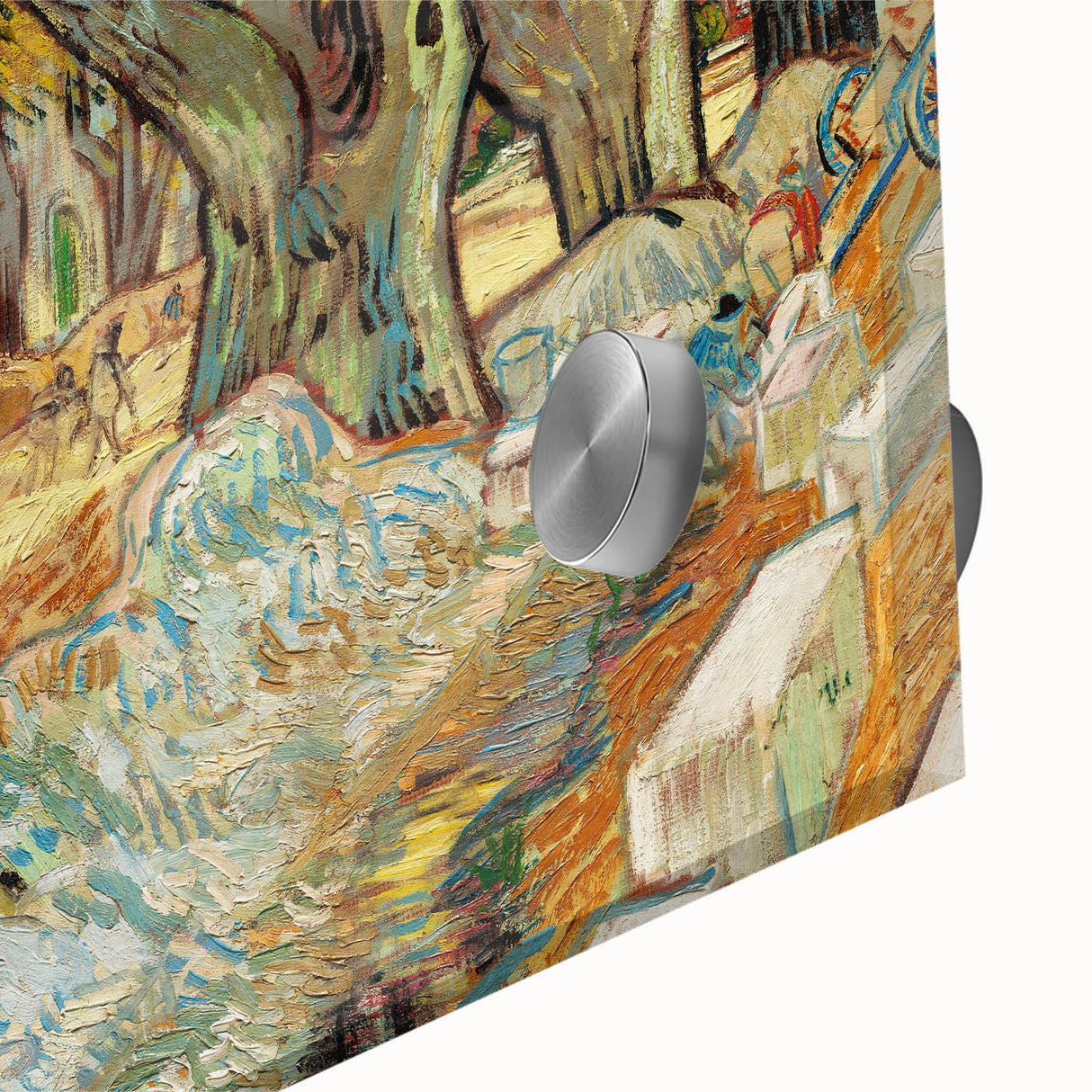 Large abstract wall art on acrylic glass showcasing vibrant swirls of blue and yellow, ideal for dining room ambiance.