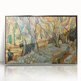Large art print of Van Gogh-inspired scene in muted blues and yellows on silver-framed acrylic.