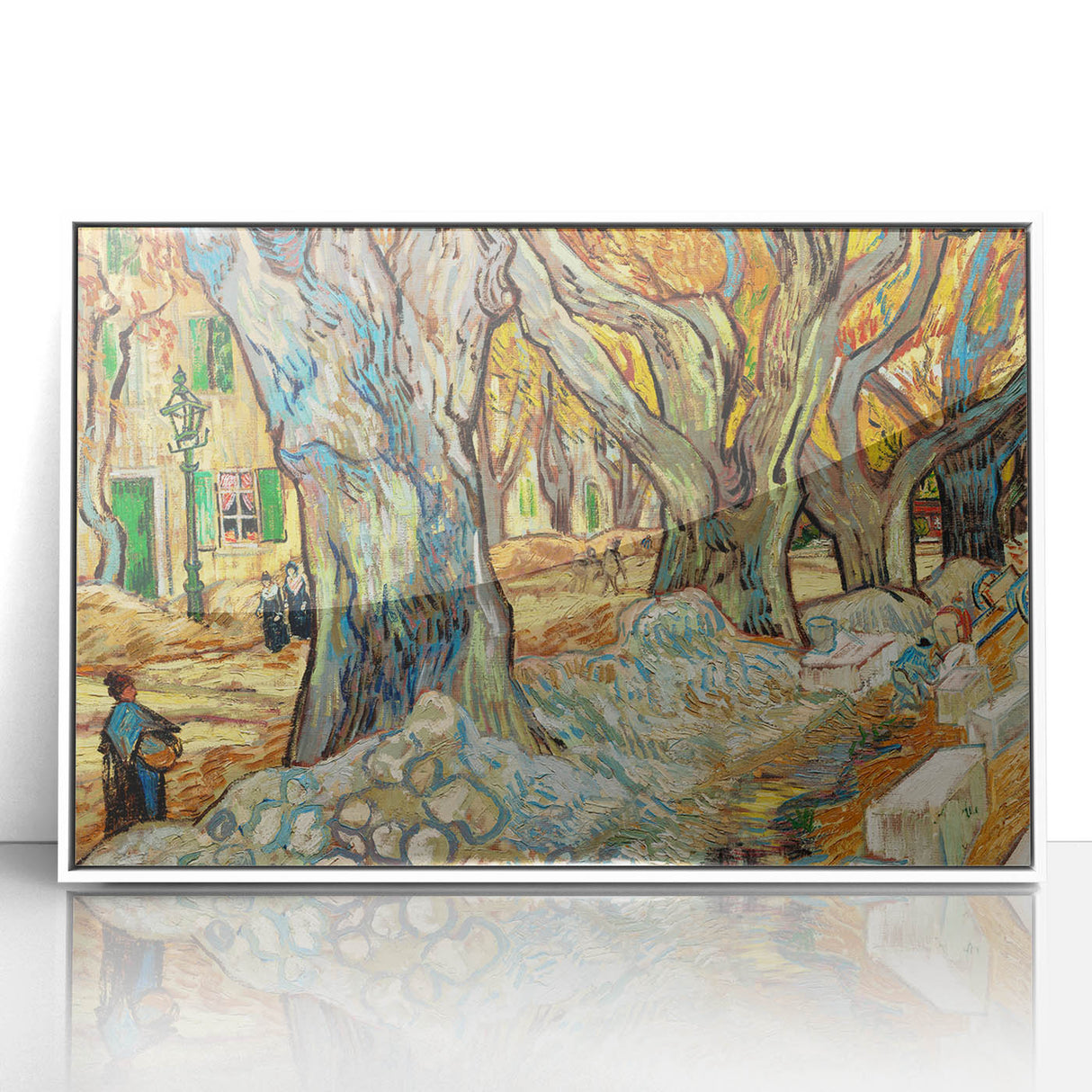Mid-century modernist art depicting a starry night in acrylic, framed in white, suitable for modern art wall decor.