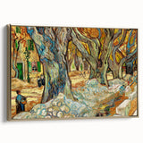Side view of a framed canvas featuring a Van Gogh landscape painting with muted earth tones, ideal for bedroom wall art.