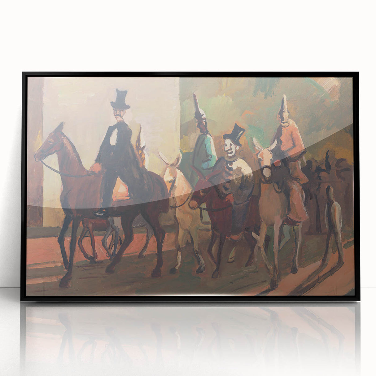 Modern Wall Art: Equestrian Parade with Clowns in Bold Expressionist Style