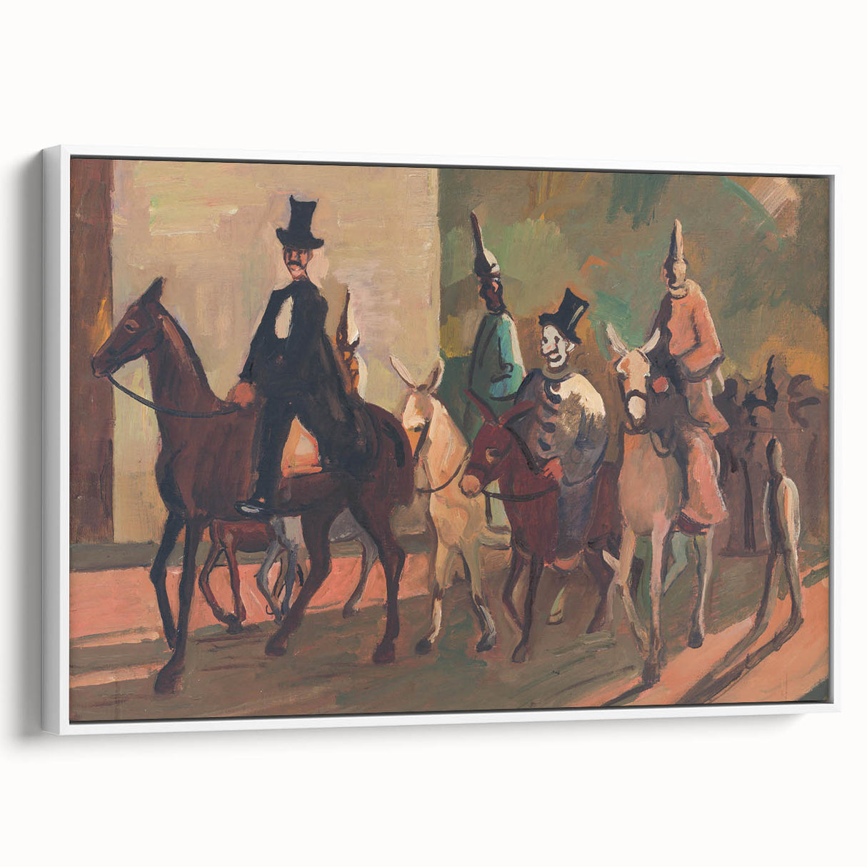 Modern Wall Art: Equestrian Parade with Clowns in Bold Expressionist Style