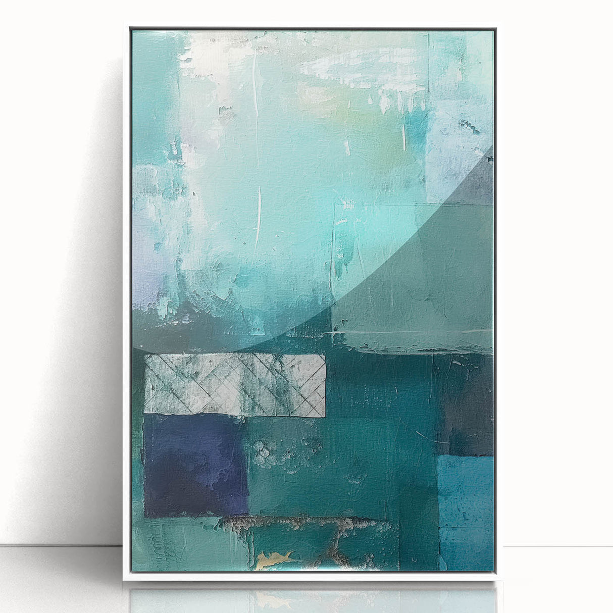 Framed abstract wall art featuring colorful strokes in vibrant hues of blue, orange, and yellow, set against a sleek white background, ideal for modern home decor.