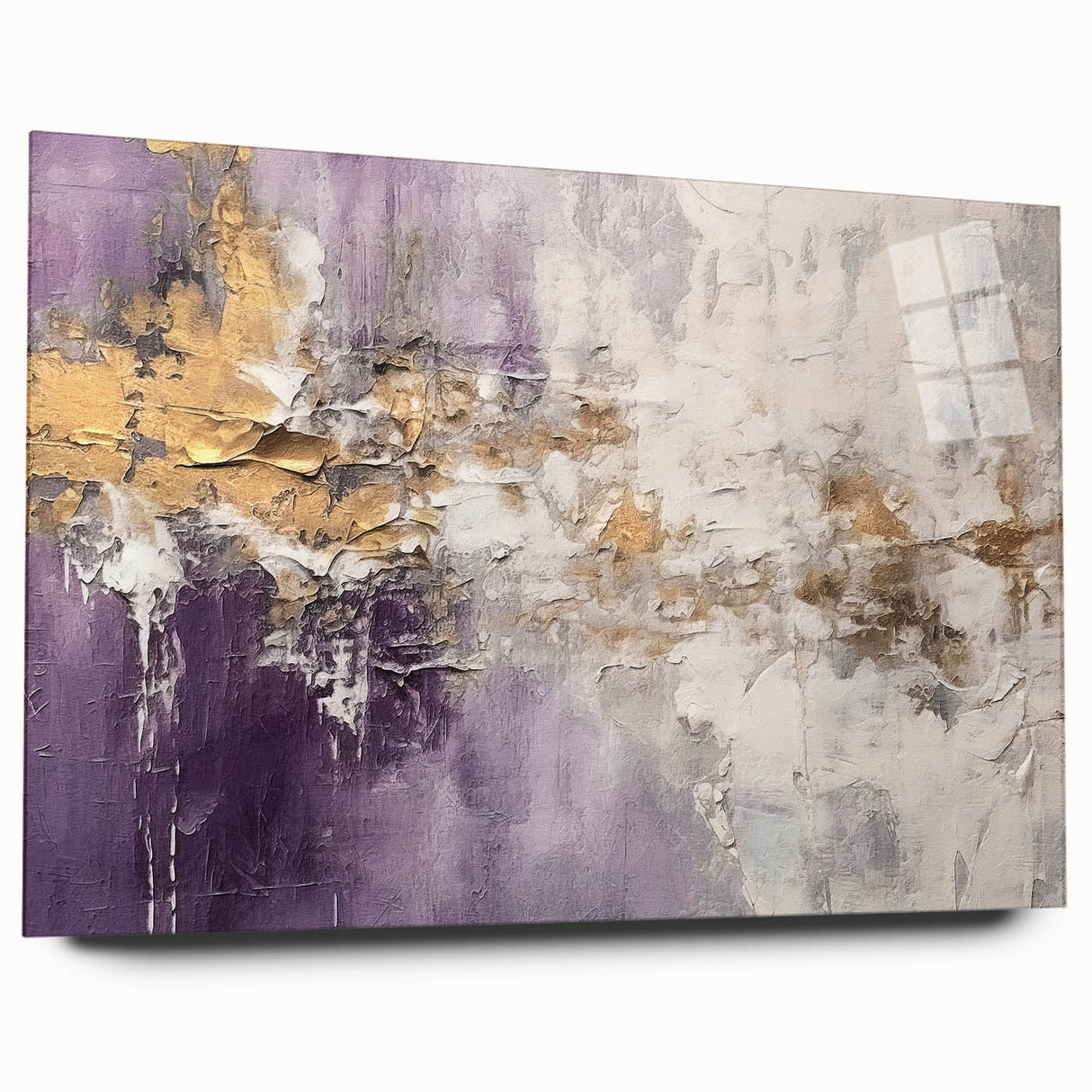 Abstract wall art featuring vibrant strokes in a range of blues and golds, displayed in an acrylic glass frame, showcasing a modern aesthetic perfect for contemporary decor.