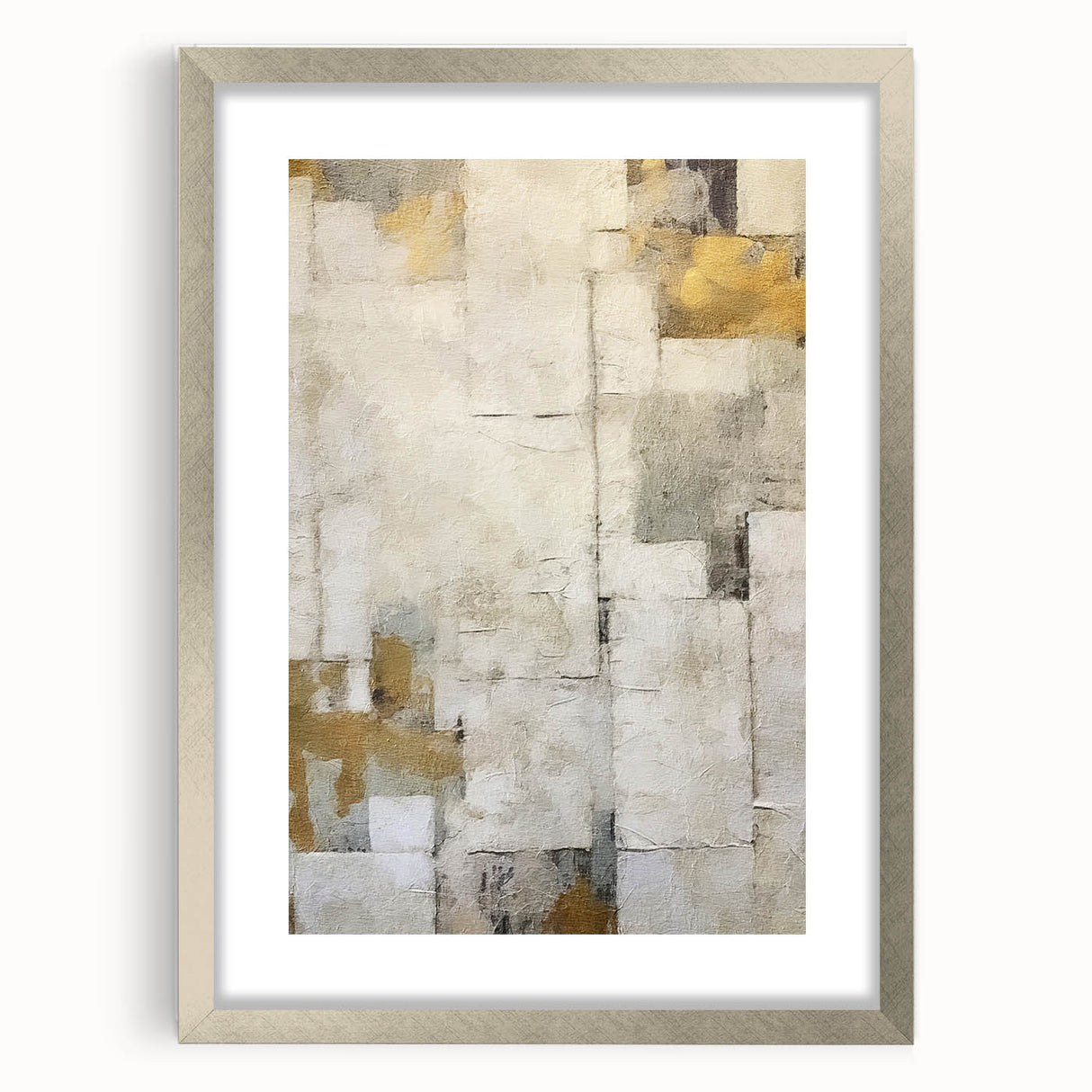 Abstract wall art featuring dynamic strokes in soothing blue and gray tones, framed in a sleek silver frame with a white mat, perfect for modern decor.