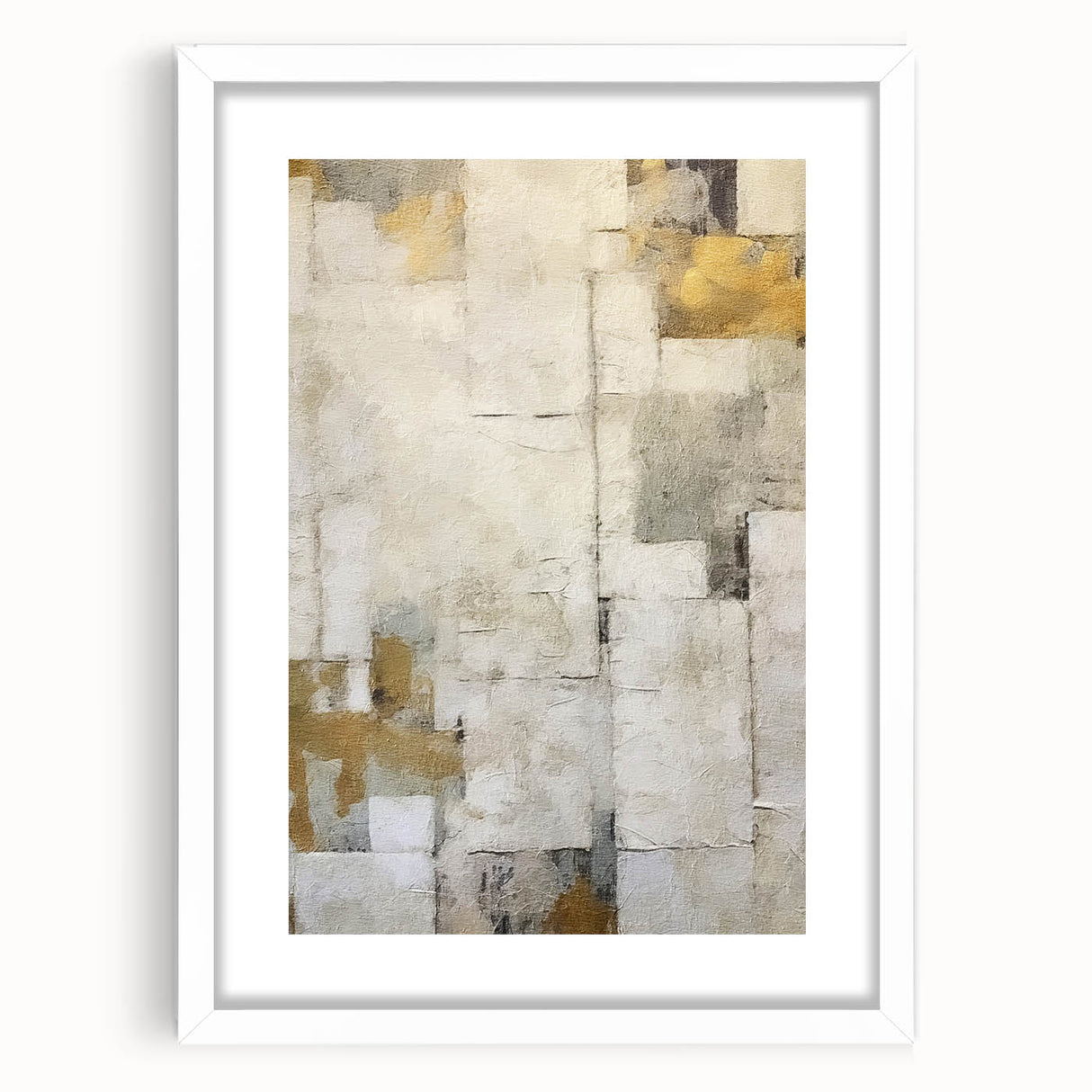 Abstract strokes wall art framed in white with a mat, showcasing vibrant colors and dynamic patterns, ideal for modern decor and artistic spaces.