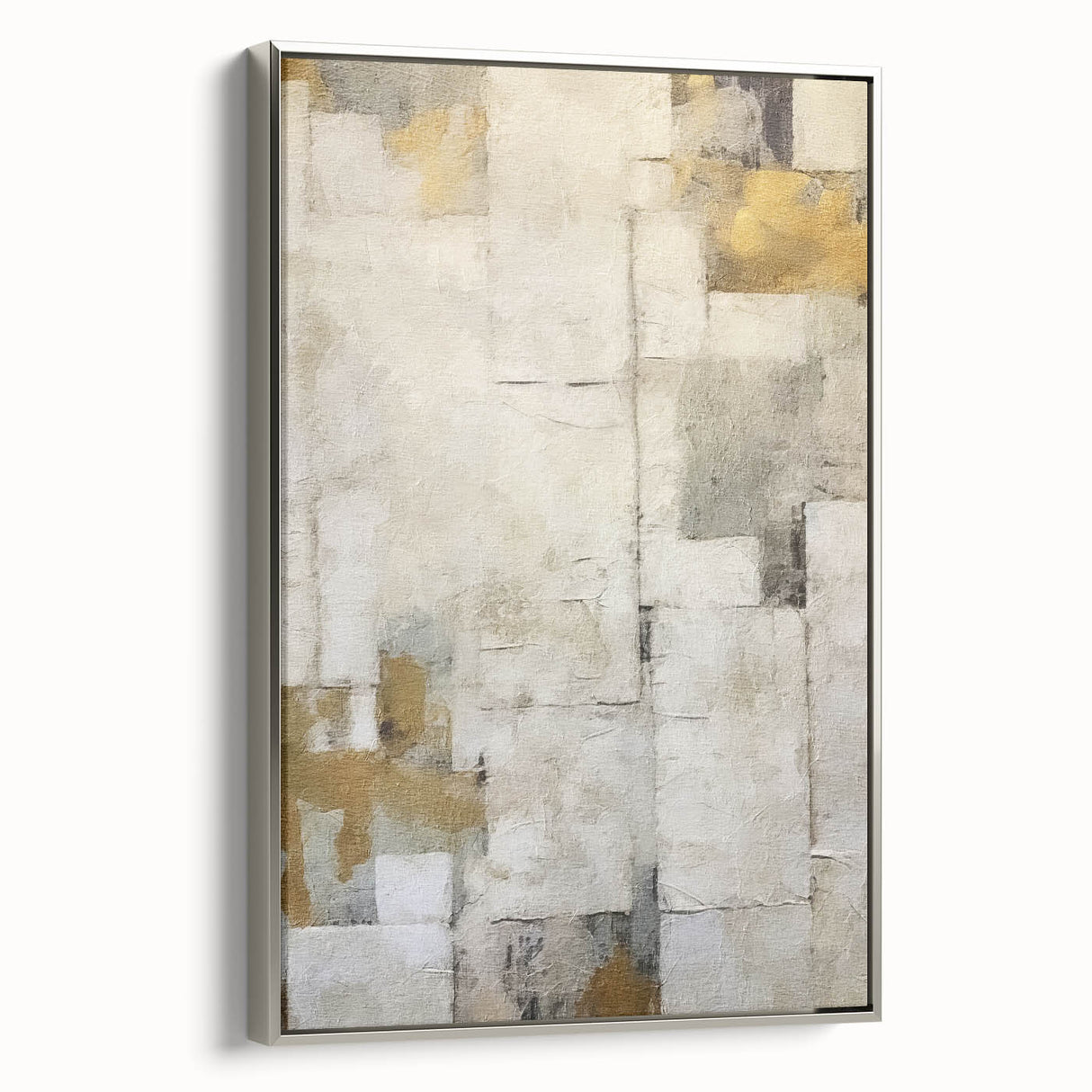 Framed abstract wall art featuring fluid silver strokes on a textured canvas, showcasing modern design elements for contemporary home decor.