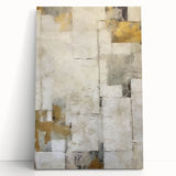 Abstract strokes wall art on stretched canvas, featuring vibrant colors of blue, orange, and yellow, leaning against a neutral wall, perfect for modern home decor.