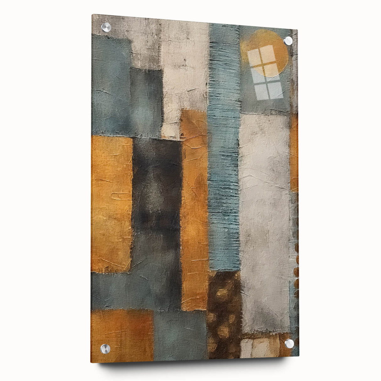 Abstract strokes wall art displayed in acrylic glass, showcasing vibrant colors and dynamic patterns, ideal for modern home decor and artistic interiors.