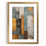 Abstract wall art featuring colorful strokes in gold, blue, and pink, elegantly framed with a white mat, perfect for modern home decor or office spaces.