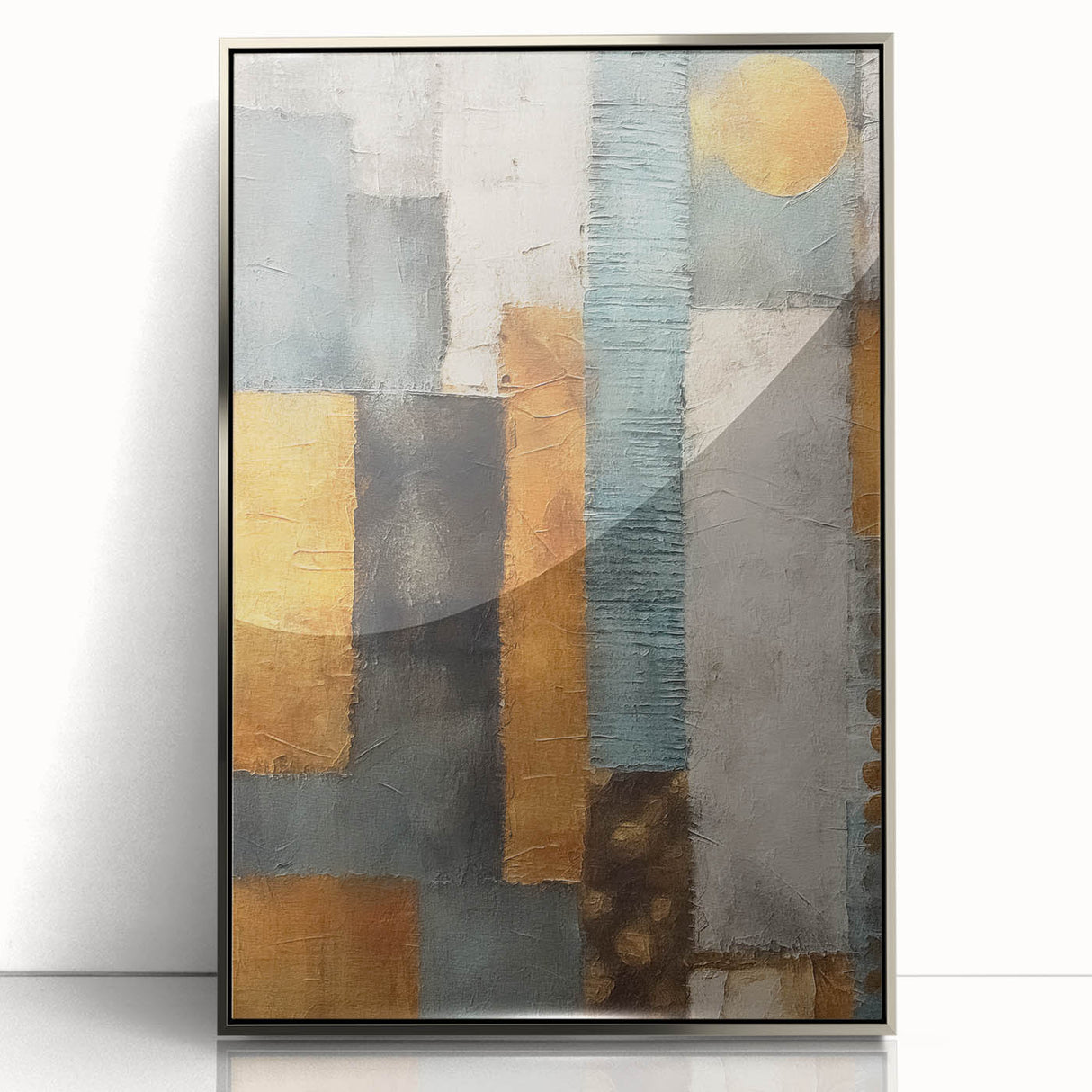 Framed abstract wall art featuring silver acrylic strokes on a textured background, perfect for modern home decor. Ideal for enhancing contemporary spaces.
