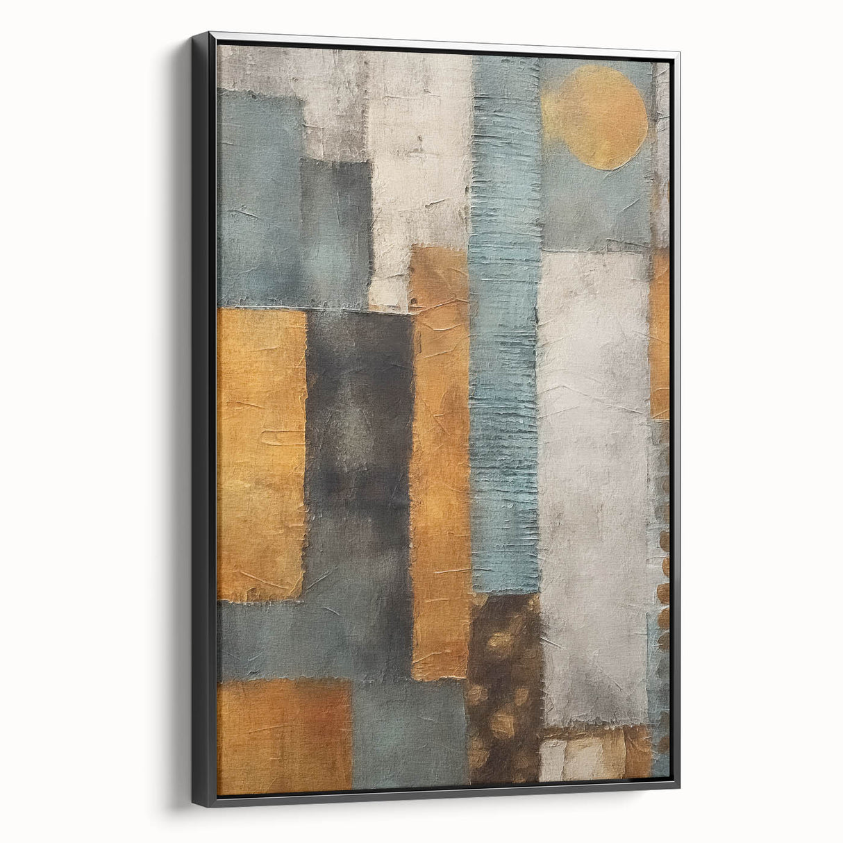 Framed canvas wall art showcasing abstract black strokes on a textured background, viewed from the side, perfect for modern home decor.