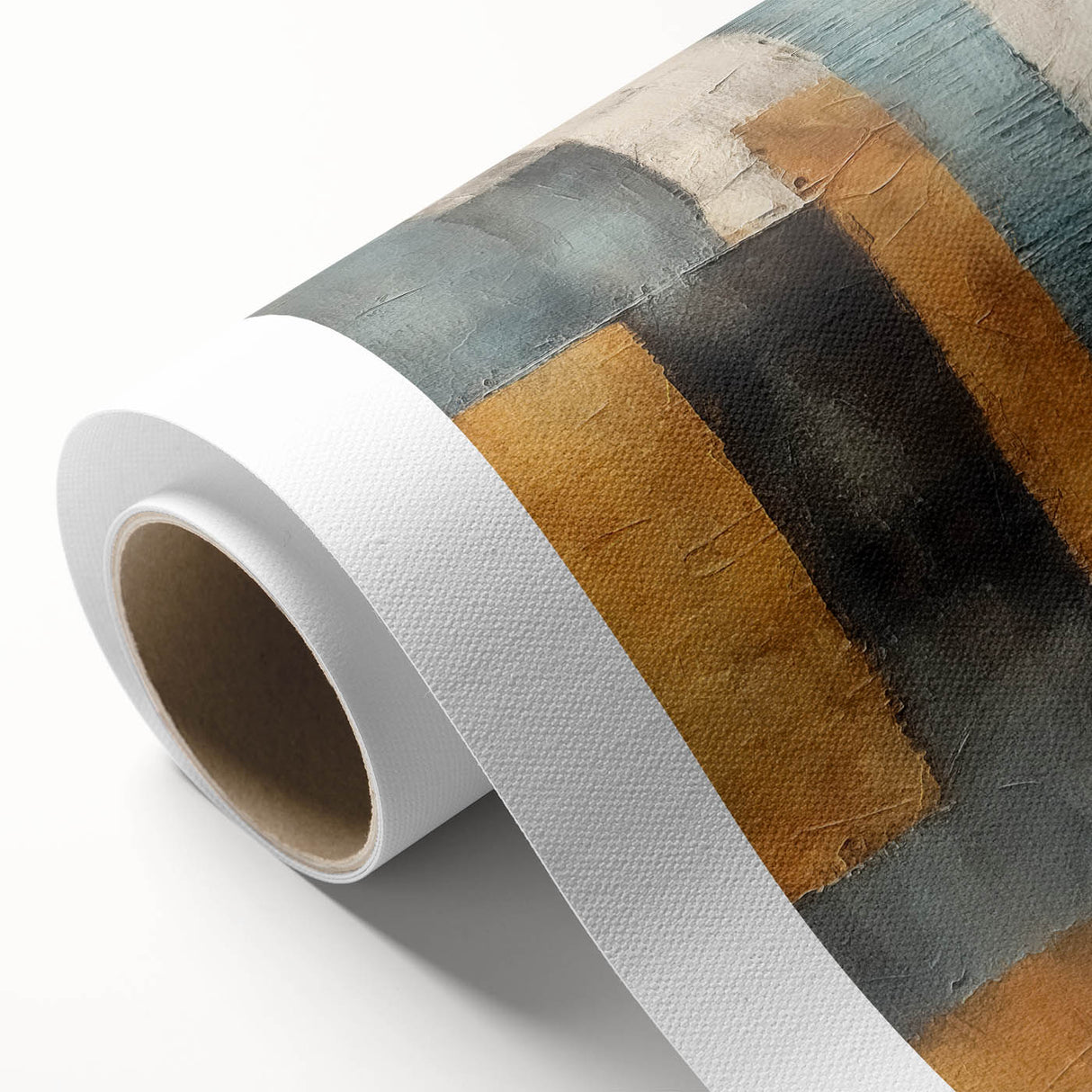Abstract wall art canvas featuring colorful strokes in vibrant hues of blue, orange, and yellow, rolled and ready for display, perfect for modern home decor.