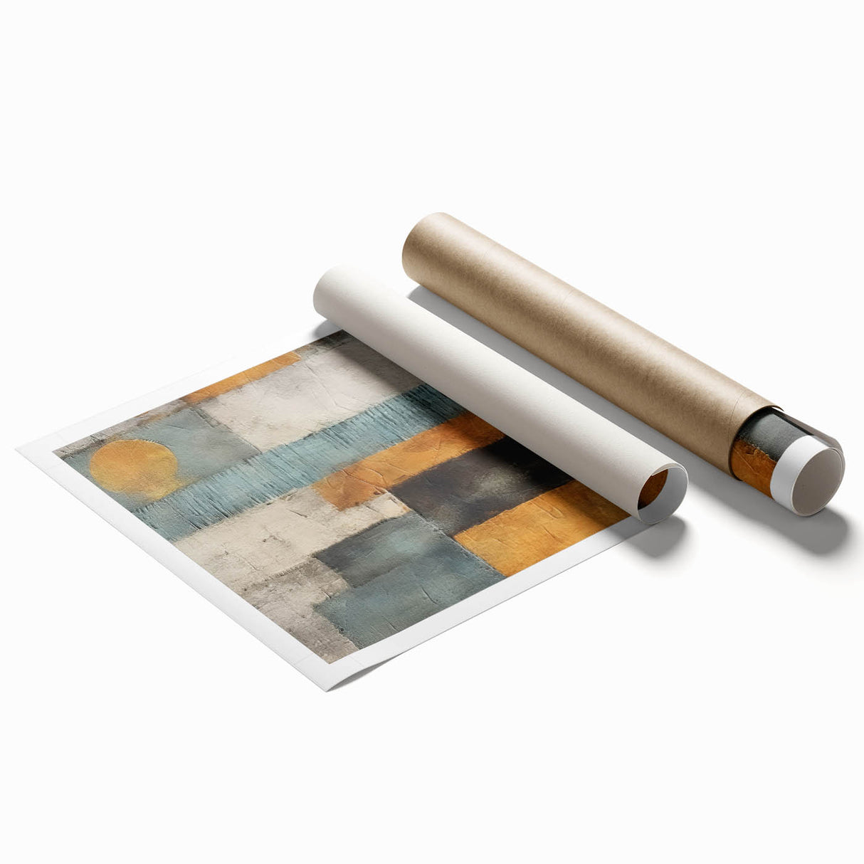 Abstract wall art print showcasing vibrant strokes of blue, orange, and yellow on a textured canvas, rolled for easy shipping and display in various settings.
