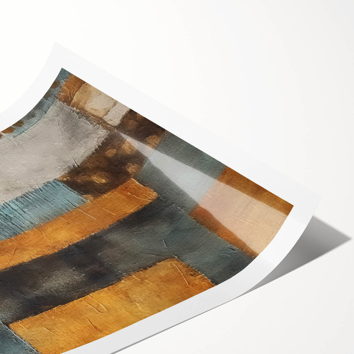 Abstract wall art print showcasing vibrant strokes of blue, orange, and yellow on a textured background, ideal for modern home decor or office aesthetic.