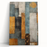 Abstract strokes wall art on stretched canvas, featuring vibrant colors of blue, yellow, and pink, leaning against a textured wall, perfect for modern decor.