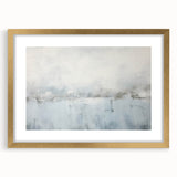 Abstract wall art featuring vibrant strokes in shades of blue, gold, and white, framed with a sleek gold mat, perfect for modern home decor.