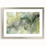 Abstract strokes wall art framed in silver, featuring vibrant blue, green, and gold hues. Ideal for modern decor, enhancing living spaces with artistic elegance.