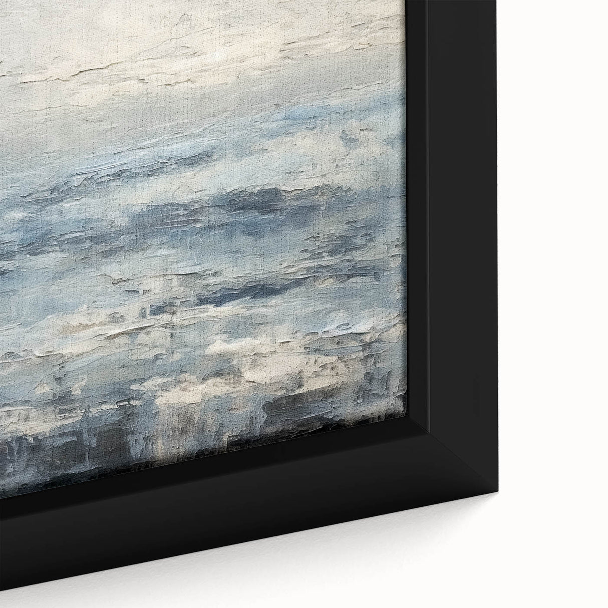 Framed canvas artwork showcasing vibrant abstract strokes in shades of blue, pink, and gold, perfect for modern interior decor. Close-up view highlights intricate textures and dynamic colors for an artistic focal point.