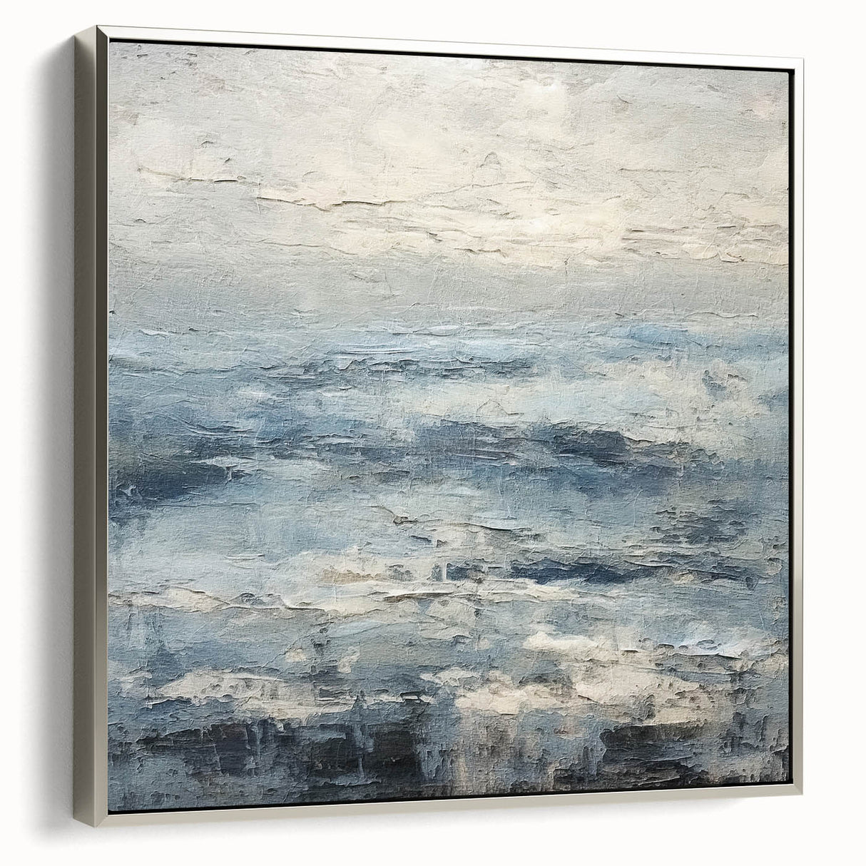 Framed abstract wall art featuring elegant silver strokes on a textured canvas, showcasing a modern design ideal for contemporary decor. Perfect for adding sophistication to any living space.