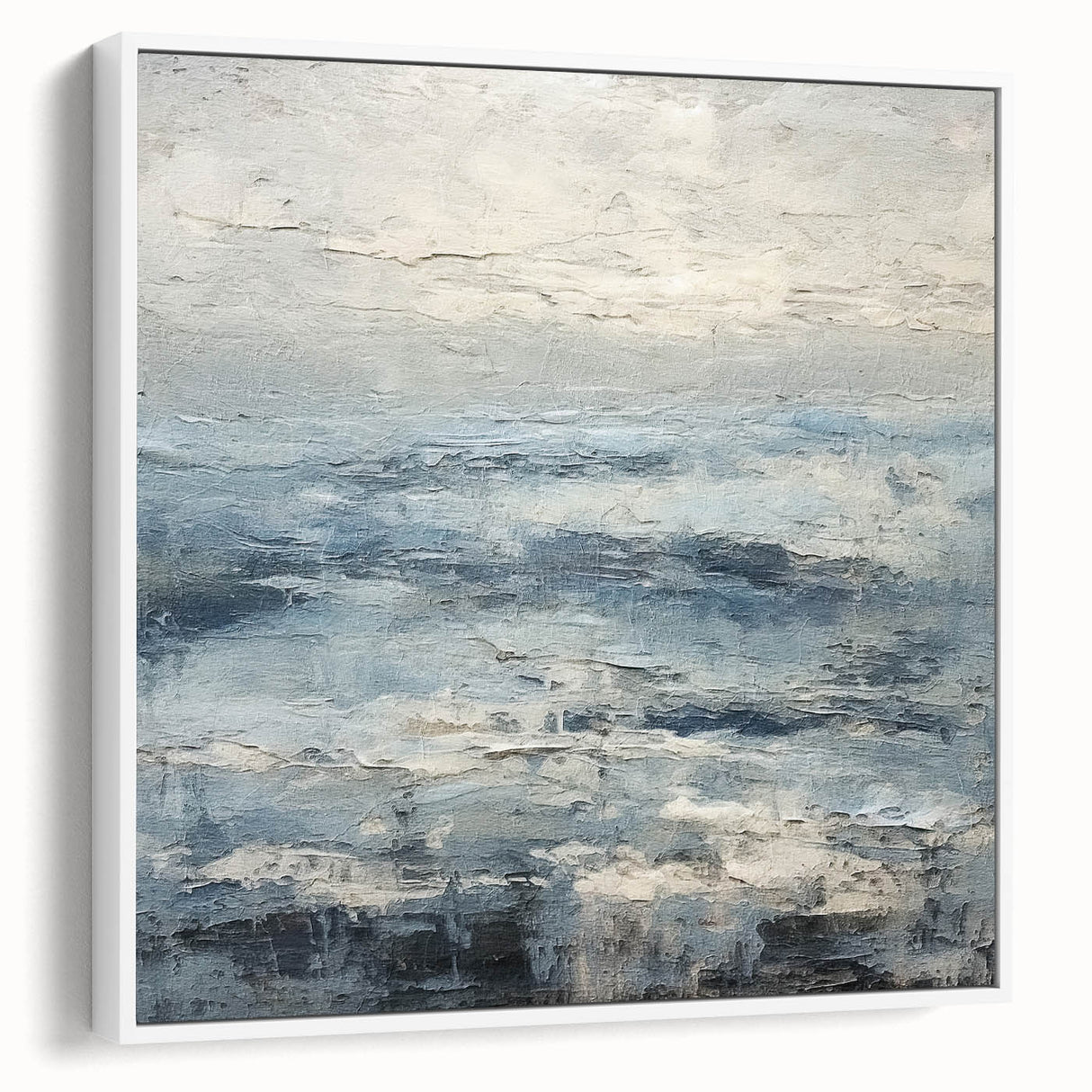 Framed canvas wall art showcasing abstract strokes in white and muted tones, highlighting modern design elements perfect for contemporary home decor.